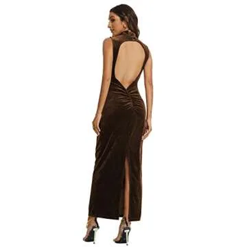 Capuffy Women Backless Velvet Maxi Dress Back Slit Ruched Bodycon Formal Dress High Neck Cocktail Party Dress 091(Small,Coffee)