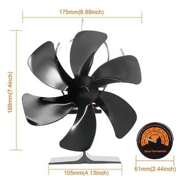 AhmyLion Wood Stove Fan, Fireplace Fan with Wood Stove Magnetic Thermometer, 6-Blade Heat Powered St...