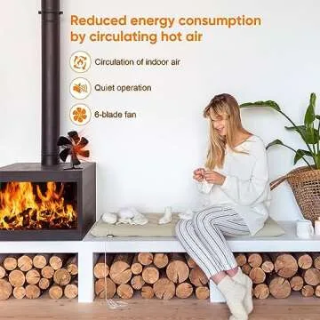 AhmyLion Wood Stove Fan, Fireplace Fan with Wood Stove Magnetic Thermometer, 6-Blade Heat Powered Stove Fan for Wood/Log Burners/Fireplaces/Heaters