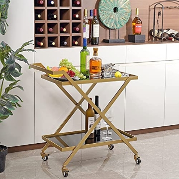 Crofy Gold Bar Cart Easy Assembly Portable 2-Tier