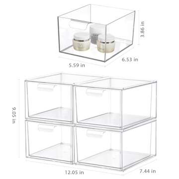 Syntus 4 Piece Set Stackable Makeup Organizer Drawers, 4.4'' Tall Acrylic Bathroom Storage Drawer, P...