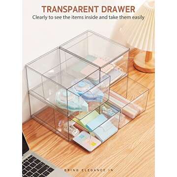 Syntus 4 Piece Set Stackable Makeup Organizer Drawers, 4.4'' Tall Acrylic Bathroom Storage Drawer, Plastic Cosmetics Storage Box for Vanity, Undersink, Skincare, Kitchen Cabinets, Pantry Organization