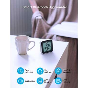Govee Bluetooth Thermometer Hygrometer Digital Temperature Humidity Monitor for Home, Wireless Temperature Humidity Sensor for Greenhouse, Humidor, Room, Notification Alert, 2-Year Data Storage