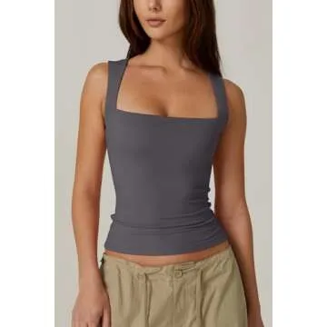 QINSEN Women's Summer Tank Tops Square Neck Sleeveless Slim Fitted Going Out Shirts Dark Grey S