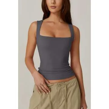 QINSEN Women's Summer Tank Tops Square Neck Sleeveless Slim Fitted Going Out Shirts Dark Grey S