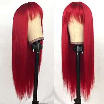 QD-Tizer Red Long Silky Straight Wigs with Bangs, Heat Resistant Synthetic No Lace Wig for Fashion Women, Natural Looking Hair Replacement Wig for Party Cosplay
