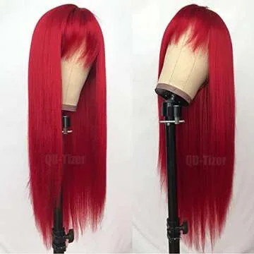 QD-Tizer Red Long Silky Straight Wigs with Bangs, Heat Resistant Synthetic No Lace Wig for Fashion Women, Natural Looking Hair Replacement Wig for Party Cosplay