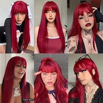 QD-Tizer Red Long Silky Straight Wigs with Bangs, Heat Resistant Synthetic No Lace Wig for Fashion Women, Natural Looking Hair Replacement Wig for Party Cosplay