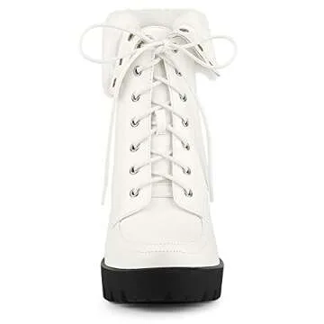 Allegra K Women's Platform Foldable Chunky Heels Lace Up White Ankle Boots 9.5 M US