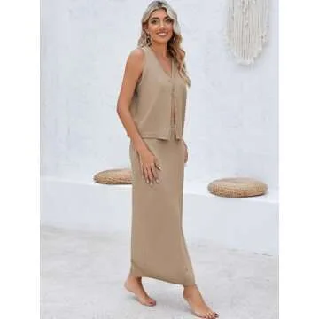 Pink Queen Summer Skirt Set Women 2 Piece Outfit Waffle Knit V Neck Vest Top Slit Slim Dress Matching Sets Khaki M