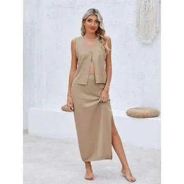 Pink Queen Summer Skirt Set Women 2 Piece Outfit Waffle Knit V Neck Vest Top Slit Slim Dress Matching Sets Khaki M