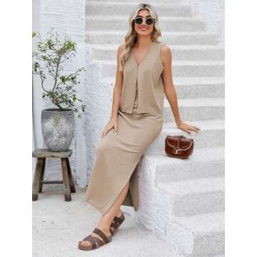 Pink Queen Summer Skirt Set Women 2 Piece Outfit Waffle Knit V Neck Vest Top Slit Slim Dress Matching Sets Khaki M