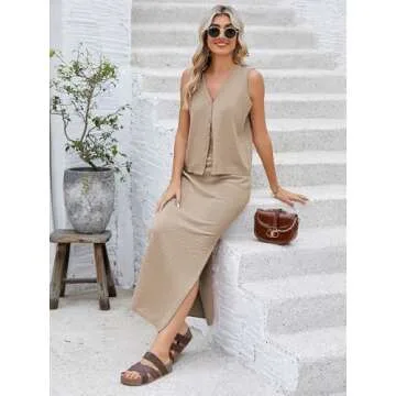 Pink Queen Summer Skirt Set Women 2 Piece Outfit Waffle Knit V Neck Vest Top Slit Slim Dress Matching Sets Khaki M