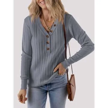 Stylish Long Sleeve V Neck Ribbed Knit Sweater for Women