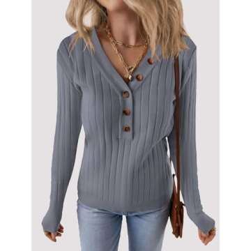Stylish Long Sleeve V Neck Ribbed Knit Sweater for Women