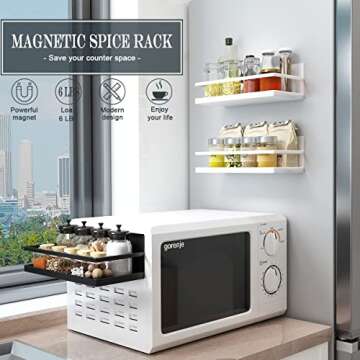 Magnetic Spice Rack Refrigerator Spice Rack Single Tier Fridge Spice Rack Magnetic Shelf Space Saving Black (White 2 pack)