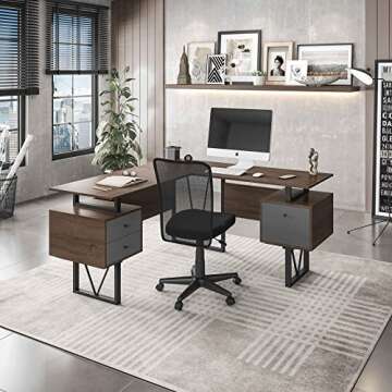 Techni Mobili Reversible Modern Versatile L Shaped Drawers and File Cabinet Home Office Desk, 59" W x 57.3" D x 30" H, Brown, Grey