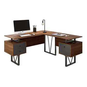 Techni Mobili Reversible Modern Versatile L Shaped Drawers and File Cabinet Home Office Desk, 59" W x 57.3" D x 30" H, Brown, Grey