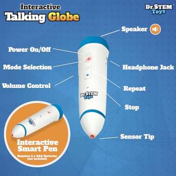 Dr. STEM Toys Interactive Talking Globe with Smart Pen, Game Panel, 300+ Geographic Quiz Questions, Touch & Learn, Music, and More - Educational Toy for Kids Ages 6+