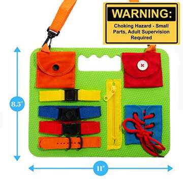 Houseables Toddler Busy Board, Toddlers Board, 8”x11”, Foam, Fabric, Latches, Baby, Puzzles, Sensory, Tie Shoes Practice, Button Zipper Snap Activity for Kids, Toy, Beach Toys, Brain Stimulation