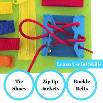 Houseables Toddler Busy Board, Toddlers Board, 8”x11”, Foam, Fabric, Latches, Baby, Puzzles, Sensory, Tie Shoes Practice, Button Zipper Snap Activity for Kids, Toy, Beach Toys, Brain Stimulation