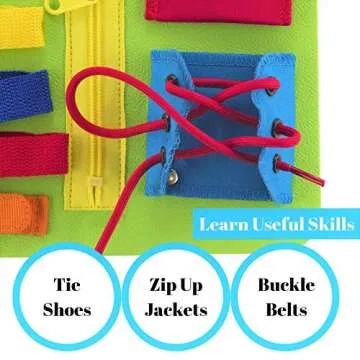 Houseables Toddler Busy Board, Toddlers Board, 8”x11”, Foam, Fabric, Latches, Baby, Puzzles, Sensory, Tie Shoes Practice, Button Zipper Snap Activity for Kids, Toy, Beach Toys, Brain Stimulation