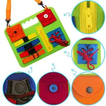 Houseables Toddler Busy Board, Toddlers Board, 8”x11”, Foam, Fabric, Latches, Baby, Puzzles, Sensory, Tie Shoes Practice, Button Zipper Snap Activity for Kids, Toy, Beach Toys, Brain Stimulation