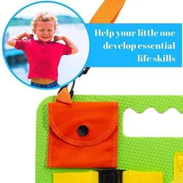 Houseables Toddler Busy Board, Toddlers Board, 8”x11”, Foam, Fabric, Latches, Baby, Puzzles, Sensory, Tie Shoes Practice, Button Zipper Snap Activity for Kids, Toy, Beach Toys, Brain Stimulation