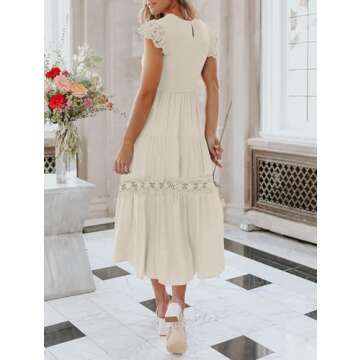 ZESICA Women's Casual Crew Neck Flutter Sleeve Smocked High Waist Hollow Out Lace Trim Tiered A Line Midi Dress,Apricot,Small