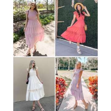 ZESICA Women's Casual Crew Neck Flutter Sleeve Smocked High Waist Hollow Out Lace Trim Tiered A Line Midi Dress,Apricot,Small