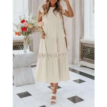 ZESICA Casual Flutter Sleeve Smocked Midi Dress