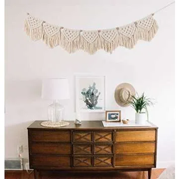 Macrame Wall Hanging Fringe Garland Banner - Boho Chic Bohemian Wall Decor - Apartment Dorm Living Room Bedroom Decorative Wall Art, 9" W x45 L, 7 "Flags