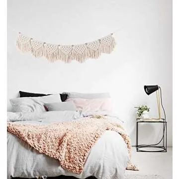 Macrame Wall Hanging Fringe Garland Banner - Boho Chic Bohemian Wall Decor - Apartment Dorm Living Room Bedroom Decorative Wall Art, 9" W x45 L, 7 "Flags