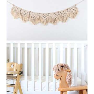 Macrame Wall Hanging Fringe Garland Banner - Boho Chic Bohemian Wall Decor - Apartment Dorm Living Room Bedroom Decorative Wall Art, 9" W x45 L, 7 "Flags