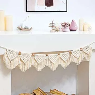 Macrame Wall Hanging Fringe Garland Banner - Boho Chic Bohemian Wall Decor - Apartment Dorm Living Room Bedroom Decorative Wall Art, 9" W x45 L, 7 "Flags