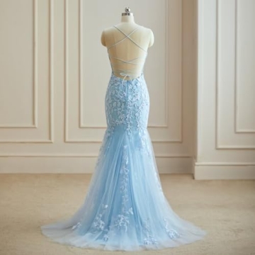Lace Applique Mermaid Prom Dress Sky Blue Evening Gown