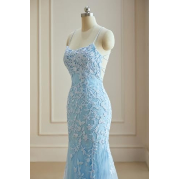 Lace Applique Mermaid Prom Dress Sky Blue Evening Gown