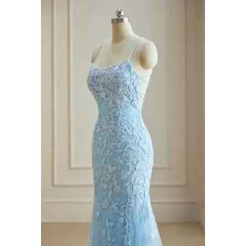 Lace Applique Mermaid Prom Dress Sky Blue Evening Gown