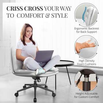 Criss Cross Desk Chair for Cross Legged Sitting, Easy to Assemble White Criss Cross Chair with Wheels - Premium Detachable Wheel and Swivel Design, Cozy Ergonomic Office Chair with Wide Comfy Seating