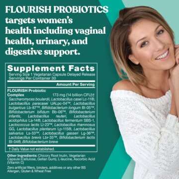 Flourish Probiotics + Prebiotics for Women – Gut and Digestion, Urinary Tract, Reduce Bloating, Va...