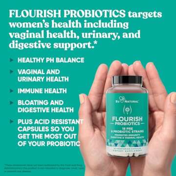 Flourish Probiotics + Prebiotics for Women – Gut and Digestion, Urinary Tract, Reduce Bloating, Vaginal Health – 18 Clinically Proven Strains, 14 Billion CFU – 30 Shelf-Stable Mini Vegan Capsules