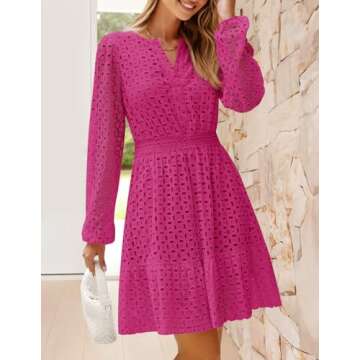ZESICA Women's 2025 Long Sleeve Mini Dress - Elegant Eyelet Ruffle Dress