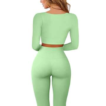 QINSEN High Waisted Ruched Back Leggings for Women Seamless GMY Workout Long Sleeve Crop Tops 2 Piece Outfits Green S