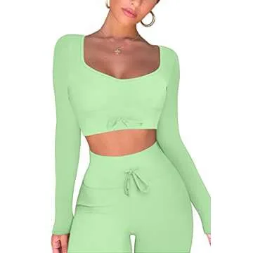 QINSEN High Waisted Ruched Back Leggings for Women Seamless GMY Workout Long Sleeve Crop Tops 2 Piece Outfits Green S