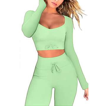 QINSEN High Waisted Ruched Back Leggings for Women Seamless GMY Workout Long Sleeve Crop Tops 2 Piece Outfits Green S