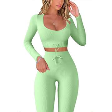 QINSEN High Waisted Ruched Back Leggings for Women Seamless GMY Workout Long Sleeve Crop Tops 2 Piece Outfits Green S