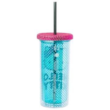 Silver Buffalo Hello Kitty Core Pink Bow Blue Dot Pattern 20oz Plastic Tall Cold Cup with Rhinestone Lid and Straw