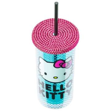 Silver Buffalo Hello Kitty Core Pink Bow Blue Dot Pattern 20oz Plastic Tall Cold Cup with Rhinestone Lid and Straw