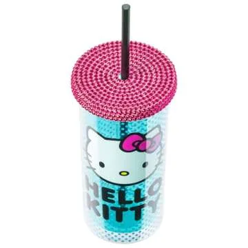 Silver Buffalo Hello Kitty Core Pink Bow Blue Dot Pattern 20oz Plastic Tall Cold Cup with Rhinestone Lid and Straw