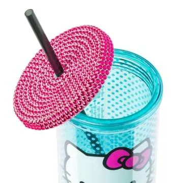Silver Buffalo Hello Kitty Core Pink Bow Blue Dot Pattern 20oz Plastic Tall Cold Cup with Rhinestone Lid and Straw